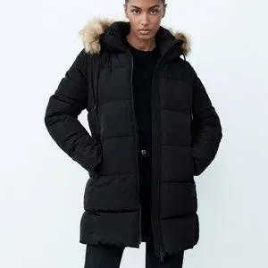 Fur Zara Black Water Repellent Puffer Jacket NEW Zara Extra Long